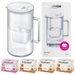 Aquaphor Glass, klaasist filtrikann 2,5 l koos 4 padruniga (1Mg+3H), valge
