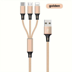 3-&uuml;hes Kiirlaadimiskaabel - Universaalne IPhone, T&uuml;&uuml;p-C, Micro USB Seadmetele, Auksinis
