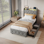 Voodi 90x200cm kahe sahtliga - LED-valgus ja USB-port - hoiustamisfunktsioon - samet - hall