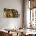 L&otilde;uendil maal puitraamis Veised j&otilde;e &auml;&auml;res kaasaegne 50 x 100 cm &mdash; elutoa seinakaunistus, taluloomade graafika, suur loodusfoto, panoraampilt horisontaalne, magamistoa kaunistus, maastikumaal kodu, suureformaadiline seinakunst