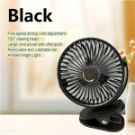 Klambriga USB-ventilaator, F25, must, 800mAh, LED-&ouml;&ouml;valgus, laetav