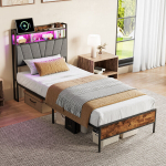 Voodiraam 90x200 liistudest alusega, panipaigaga peatsiots LED ja USB-ga, linane, hall + pruun