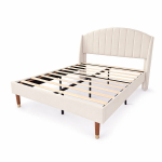 Polsterdatud voodi 140x190 cm peatsi ja restp&otilde;hjaga, samet, m&auml;nnipuit, beež