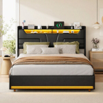 Voodi 160x200 cm &ndash; LED ja USB &ndash; H&uuml;drauliline panipaik &ndash; PU &ndash; Must