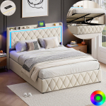Kaheinimesevoodi 140x190, USB ja LED, liistudega voodip&otilde;hi, skandinaavia, lihtne kokku panna, voodiraam 140x190, samet, beež