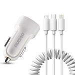 autolaadija komplekt 2x USB 2,4A + 3in1 USB kaabel Lightning / C-t&uuml;&uuml;pi / micro USB valge (R7 valge)