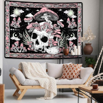 Yugarlibi kolju gobel&auml;&auml;n roosade seentega, seinale riputatav skeleti gobel&auml;&auml;n, kuu, p&auml;ike, seinak&auml;ter&auml;tik, seinakunst magamistuppa, elutuppa, roosa, 150 x 130 cm