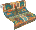 Rasch fliistapeet Petrol Orange Indian Palace Tiger Horse 746211