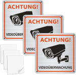 Ilantule Achtung videovalve silt, 3 tk pakis, alumiiniumist sildid kaameravalve, isekleepuvad ja 4 puurimisauguga, videovalve silt [15 x 15 cm]