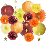 S&uuml;gispeo dekoratsioon punased kollased oranžid pompomid dekoratsioon punased oranžid paberlaternad s&uuml;gisdekoratsioon kollane paberist lehvik t&auml;rnide vanikuga beebipeo dekoratsiooniks s&uuml;gisese pruudidu&scaron;i s&uuml;nnip&auml;ev