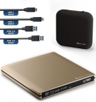 Techpulse120 v&auml;line Usb 3.1 Blu-ray Dvd Cd Usb-c Uhd 4k 3d M-disc Bdxl Hdr10 128gb kirjutaja Superdrive Bd Imperator pakett kott 90 cm &uuml;henduskaabel alumiinium kuldne