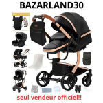 3-in-1 Baby Stroller Combined Car Seat Carrycot Trio Reversible PU Leather Puncture-proof Wheels Cane. BLACK
