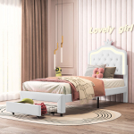 Voodi, LED-valgustuse ja sahtlitega, valge, 90*200 cm
