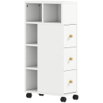 Badezimmerschrank Schmal, Badschrank mit 4 Rollen, 3 Schubladen, 5 offenen F&auml;chern, 20x40x80cm, Wei&szlig;