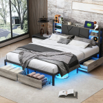 Raudpuidust voodi 160X200 cm liistudest voodip&otilde;hja ja LED-valgustusega, polsterdatud peatsiga USB-pordiga PU-kangast, must