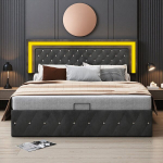 Voodi 180 x 200 cm, LED-valgustuse ja hoiukastiga, must, samet