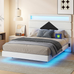 Voodi 140 x 190 cm, LED-valgustusega, USB-pordiga, beež, samet