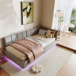 H&uuml;drauliline diivanvoodi, 90 x 200 cm, hall, LED ja USB, samet