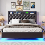 Pehme voodi LED-valgustuse ja panipaigaga, 140&times;200 cm, must