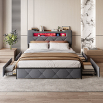 Kaheinimesevoodi 140x200 cm - LED- ja USB-portidega - 4 sahtliga - samet - hall