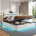 Voodi 160x200 cm - LED ja USB - Hoiuruum - Samet - Valkjas