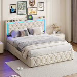 Kaheinimesevoodi 160 x 200 cm, polsterdatud voodi LED-valgustusega, USB-pesaga, beež, linane