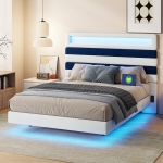 Kaheinimesevoodi 140 x 190 cm, LED-valgustusega, USB Type-C pistik, liistudest raam, beež, samet