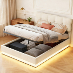 H&uuml;drauliliselt t&otilde;stetavad voodid 140 &times; 200 cm, polsterdatud peatsiga LED-valgustusega, beež samet.