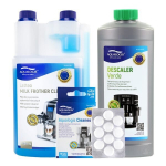 Aqualogis kohvimasinate hoolduskomplekt koos Latteo piimas&uuml;steemi puhastusvedelikuga 1000 ml, Verde katlakivi eemaldajaga 1 l, Cleaneo rasvaeemaldustablettidega (10 tk)