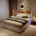 Kaheinimesevoodi 160 &times; 200 cm, LED-valgustus ja USB-port, panipaigaga peatsiplaat, liistudest voodiraam, valge, PU
