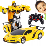 Puldiga juhitav auto robot 2in1 kollane transformatsiooni, driftimisfunktsiooni, valguse ja heliga