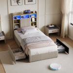 Lastevoodi LED-valgustuse ja USB-laadijaga, 2 sahtliga, 90x200cm, linane kangas, beež, ilma madratsita