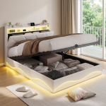 Kaheinimesevoodi 140x200 cm, polsterdatud voodi LED-peanurgaga, laadimisjaamaga (Type-C/USB), h&uuml;draulilise hoiuruumi raamiga, beež sametiga