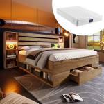 Kaheinimesevoodi 160x200 cm, puit, LED, USB C, sahtlid, liistudest raam, madratsiga, tamm
