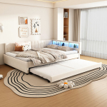 P&auml;evavoodi 140x200 cm USB, C-t&uuml;&uuml;pi, LED, v&auml;ljat&otilde;mmatav voodi, latten, ilma madratsita, linane, beež