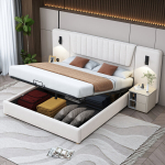 Polsterdatud voodi 180x200 cm, h&uuml;drauliline, samet, USB, lugemislamp, beež