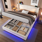 Polsterdatud voodi 140x200 cm, moodne disain, LED, h&uuml;drauliline, USB, 140x200 cm