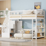 K&otilde;rge voodi 90x200 cm, riidekapi, riiulite ja sahtlitega, turvaredel, valge
