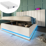 Polsterdatud kaheinimesevoodi 160x200 cm rakendusega LED, USB-C, PU, valge, madratsiga