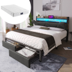 Polsterdatud voodi 160x200 cm LED-valgusti, USB-C, sahtlite, metallraamiga, hall, madratsiga