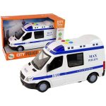 Valge politseiauto heli- ja valgusefektiga