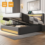 Voodi LED, USB, 140x190 cm, hall, ilma madratsita