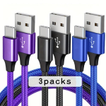 L&auml;ikiv USB-C &uuml;likiire laadimiskaabel PD66W MacBook, iPad, Samsung jaoks, 3 pakuotės-mėlyna-violetinė-juoda