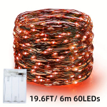 60 LED Oranžid P&auml;kapiku Tuled 5.97m Patareitoitega Vasktraat Dekoratsioon., Oranžinės lemputės