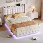 Polsterdatud kaheinimesevoodi 160 &times; 200 cm, LED ja USB voodi, ujuv voodi peatsiga, noortevoodi, kaheinimesevoodi raam, flanell (valge)