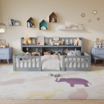P&otilde;randavoodi 90 x 200 cm raamaturiiuliga, lastevoodi, Montessori voodi kukkumiskaitsega, stabiilne liistudest alus, hall