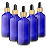 Sinine klaaspudel 100 ml kuldse alumiiniumpipetiga (5 tk)