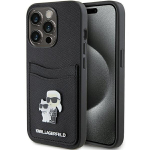 Karl Lagerfeld Saffiano kaardipesa Karl&Choupette metallist pin iPhone 15 Pro jaoks - must