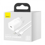 Baseus seinalaadija Super Si PD 20W 1x USB-C valge + USB-C - hele kaabel