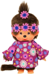 Sekiguchi 252893 Original Monchhichi t&uuml;druk Flower Power lilla ja sinine, u. 20 cm pehme m&auml;nguasi, valmistatud pruunist pl&uuml;&uuml;sist